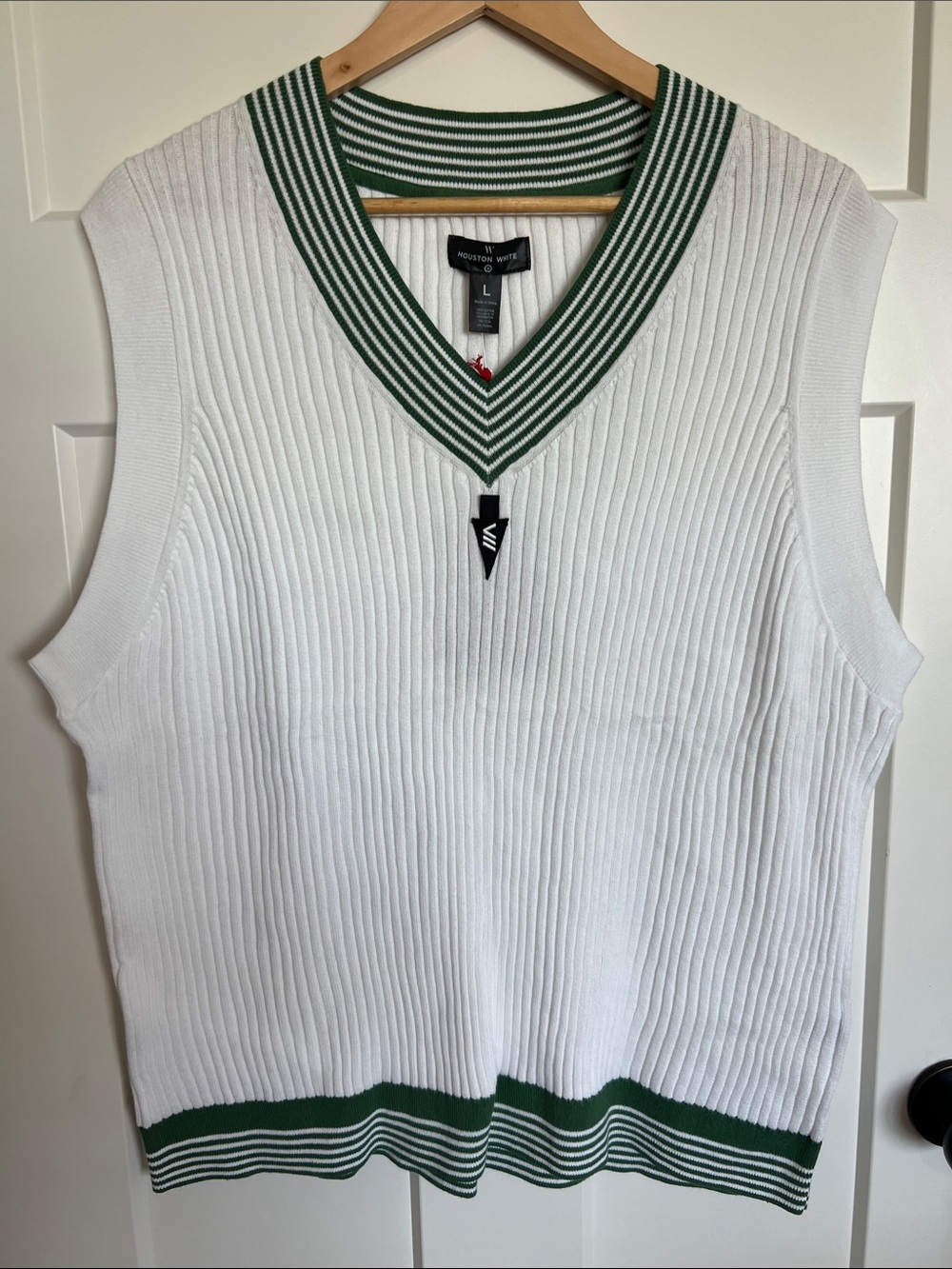 White Ribbed V-Neck Sweater Vest with Green Stripe Trim